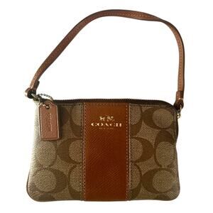 Coach Signature Stripe Coated Canvas Wristlet Wallet Tan & Brown F64233